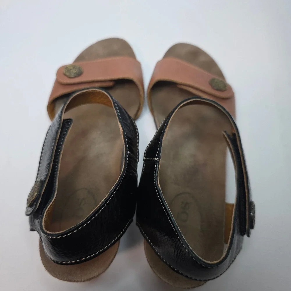 Taos Women's Wedge Sandals Patten Black Tan Leather Ankle‎ Strap Size 41 Comfy